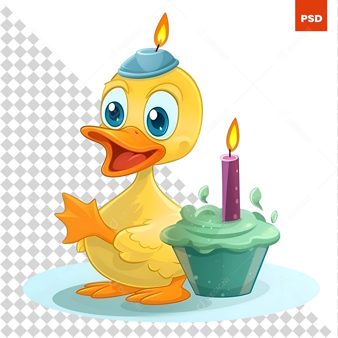 Pato Bonito Dos Desenhos Animados Com Vela e Cupcake Ilustração Em Vetor. PSD