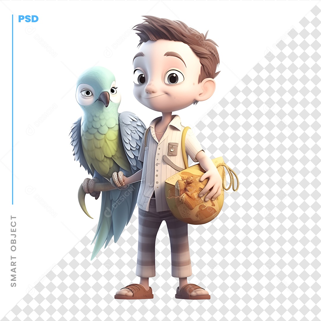 Garoto Com Um Pássaro Personagem 3D Para Composição PSD