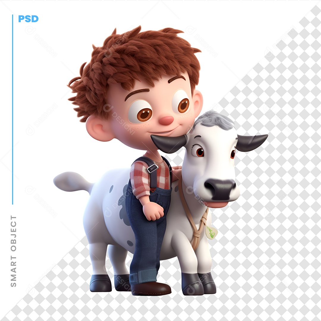 Garoto Com Uma Vaca Personagem 3D Para Composição PSD