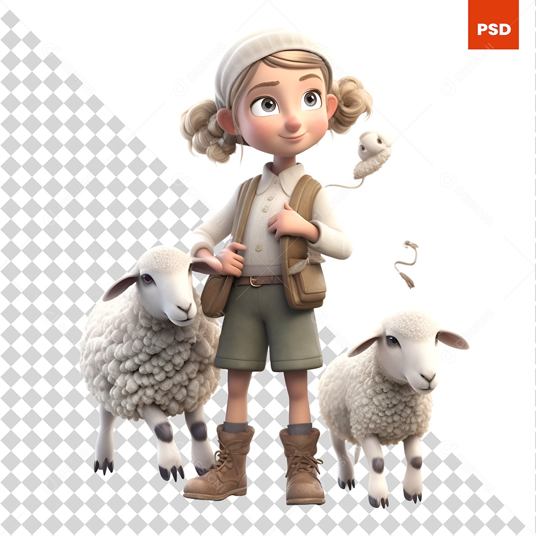 Garota Com Ovelhas Personagem 3D Para Composição PSD