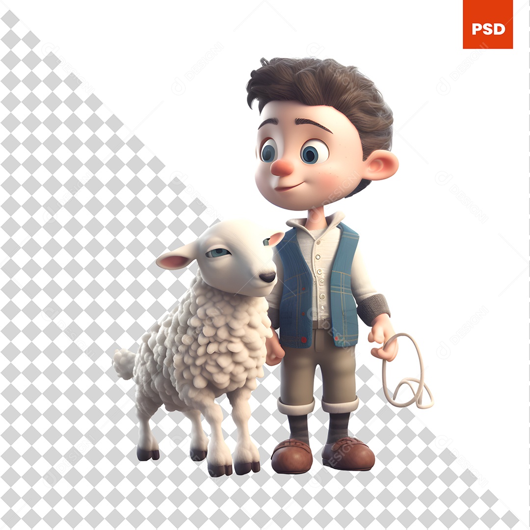 Garoto Com Uma Ovelha Personagem 3D Para Composição PSD