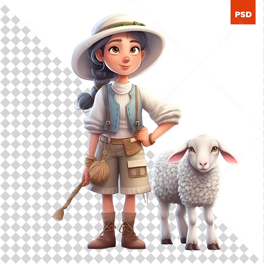 Menina Com Ovelha Personagem 3D Para Composição PSD