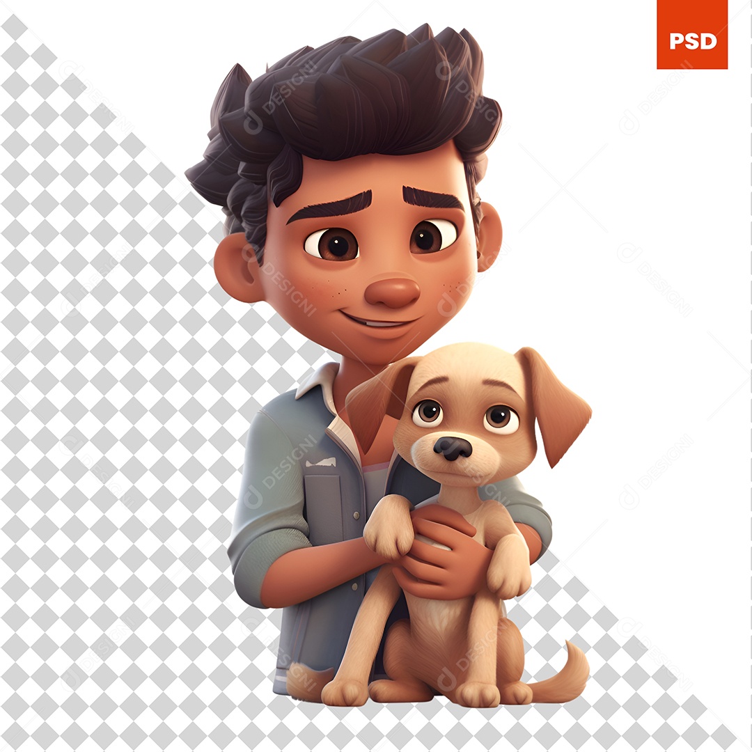 Garoto Com Um Cachorro Personagem 3D Para Composição PSD
