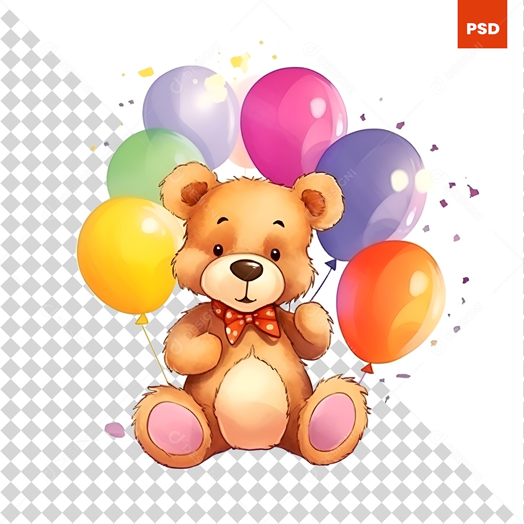 Urso Balões Desenho 3D Para Composição PSD