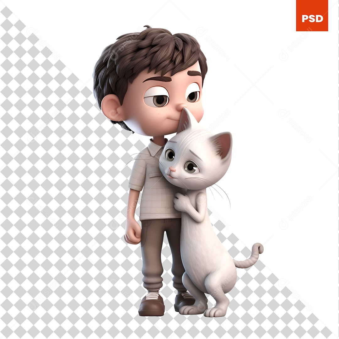 Garoto Com Um Gato Personagem 3D Para Composição PSD