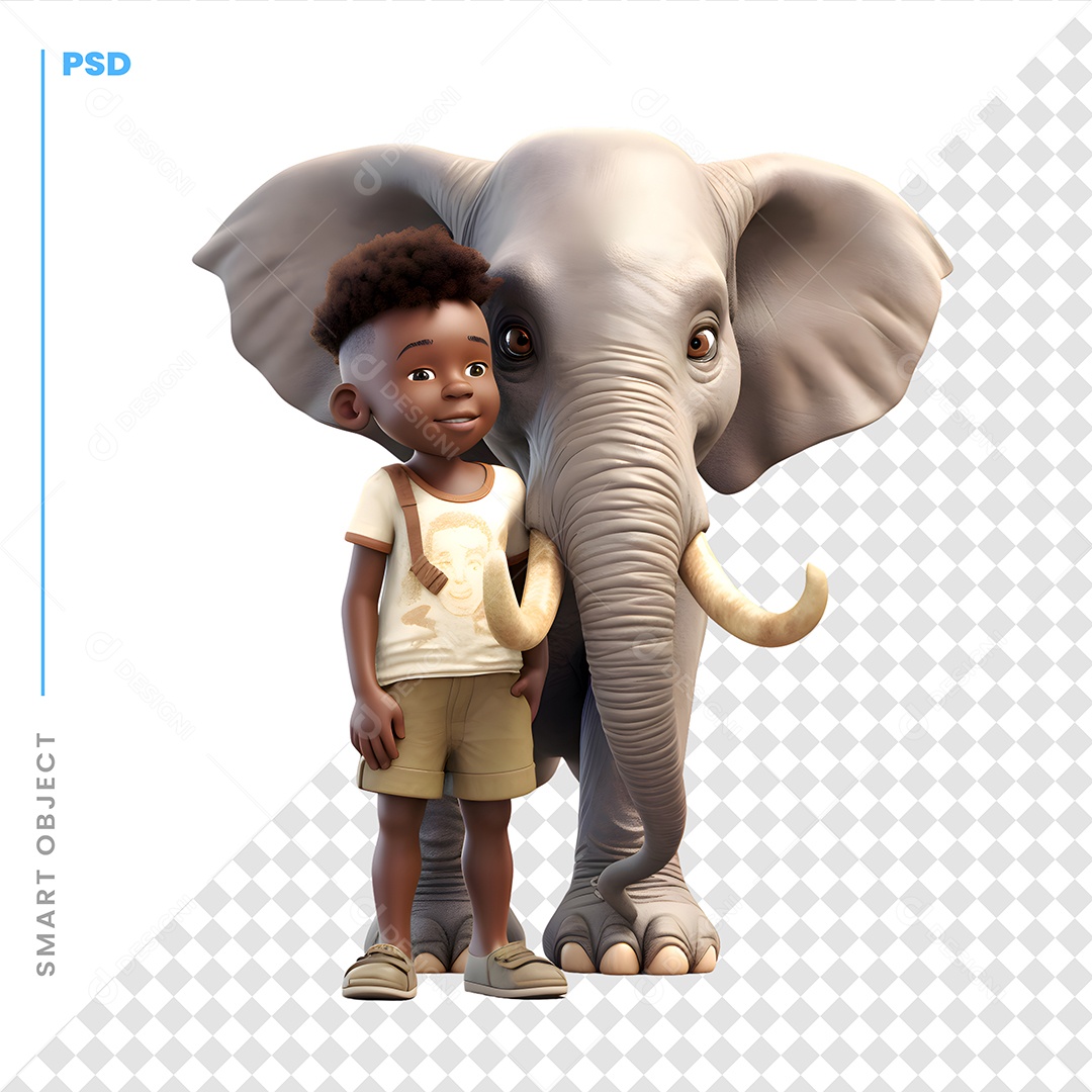 Garoto Com Elefante Personagem 3D Para Composição PSD