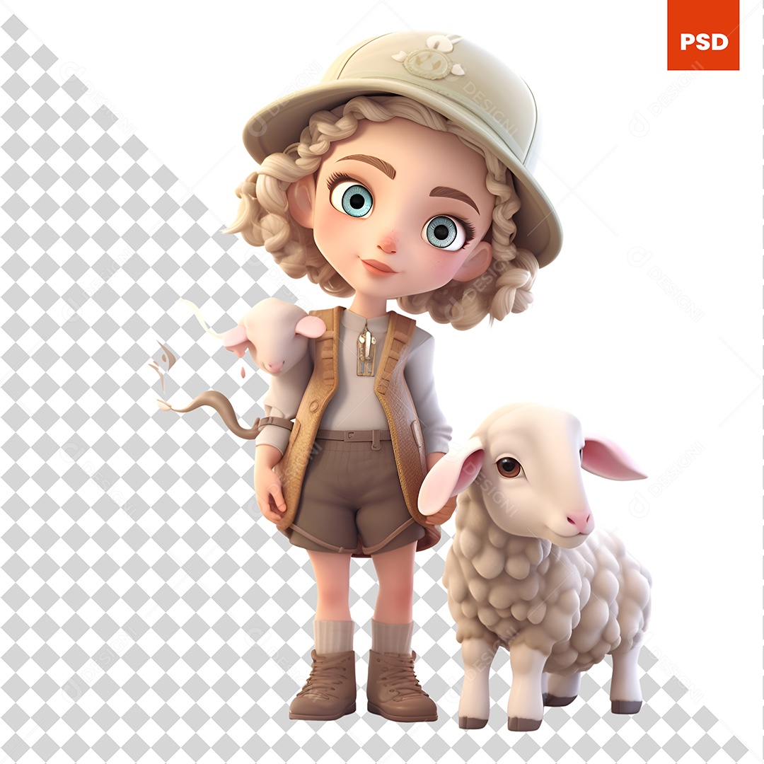 Garota Com Uma Ovelha Personagem 3D Para Composição PSD