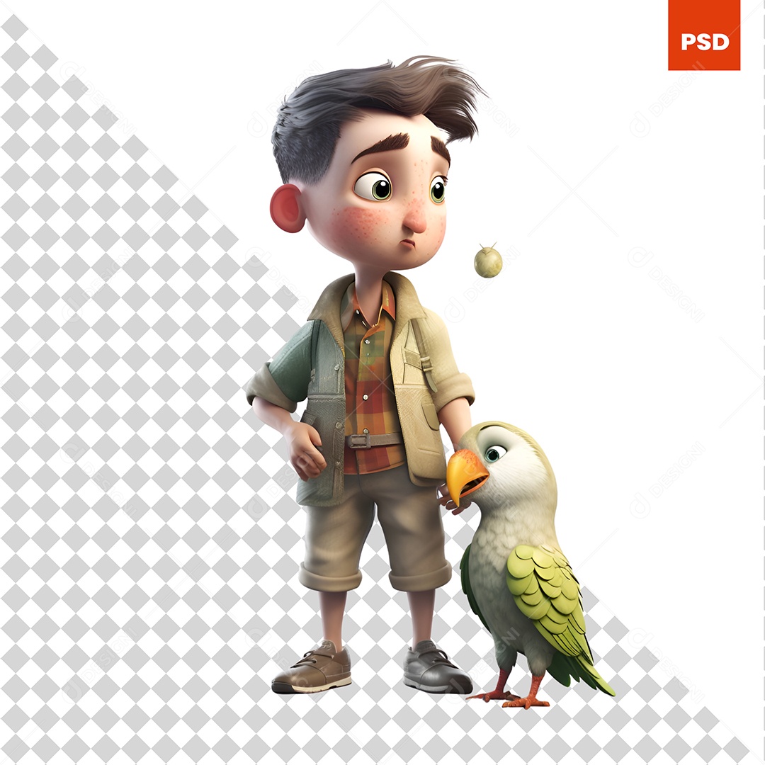 Garoto Com Um Pássaro Personagem 3D Para Composição PSD