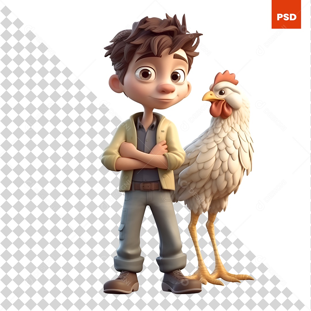 Garoto Com Frango Personagem 3D Para Composição PSD