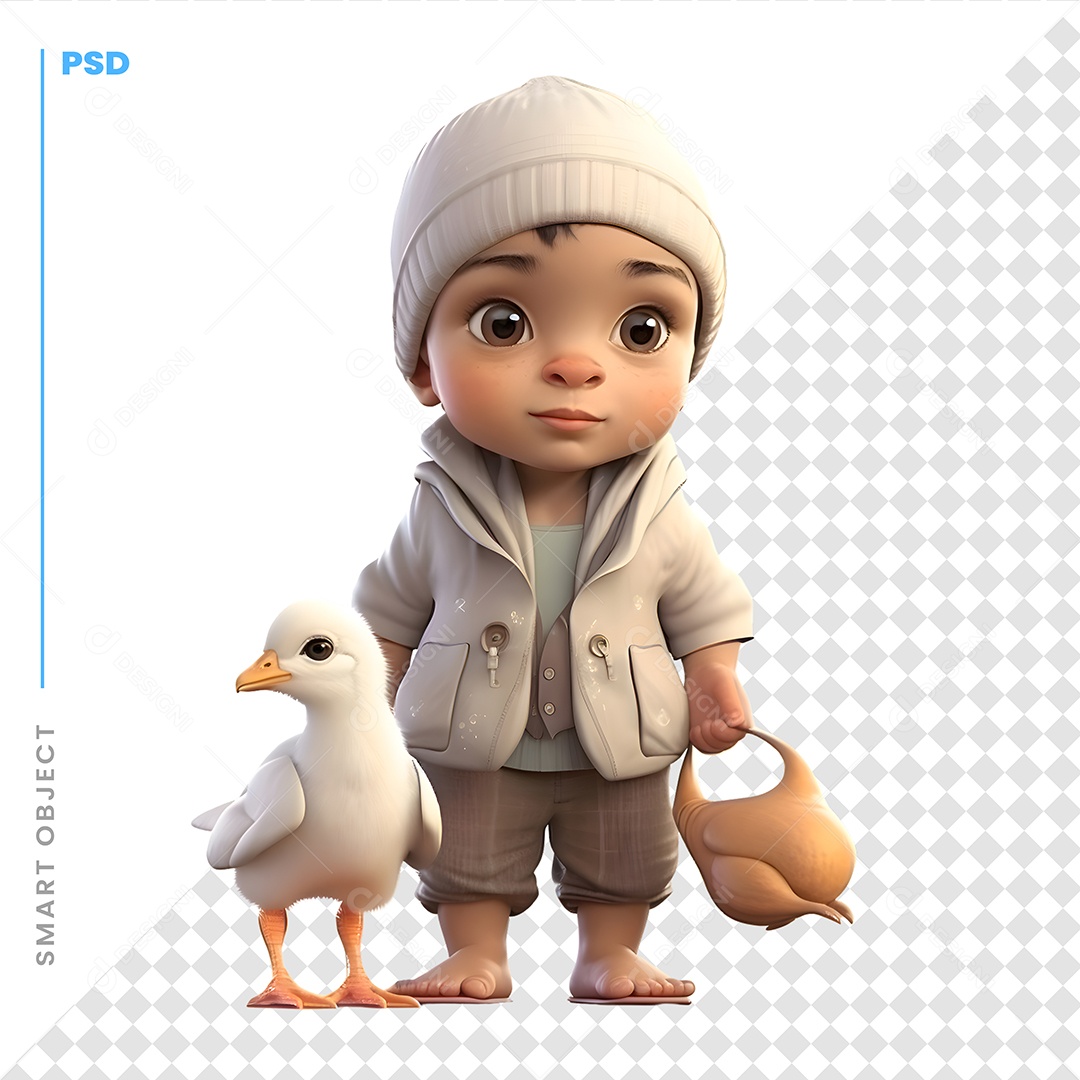 Garoto Com Um Frango Personagem 3D Para Composição PSD