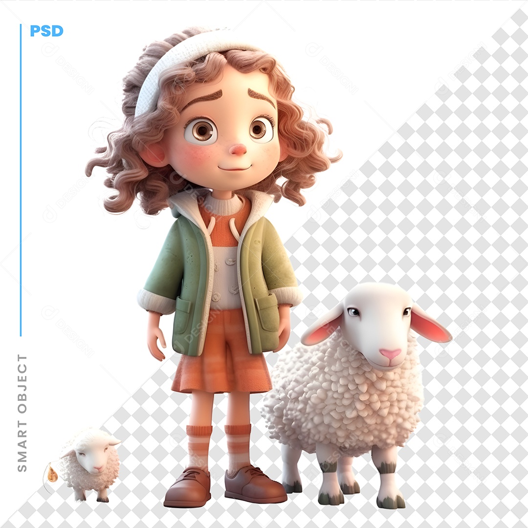 Garota Com Ovelha Personagem 3D Para Composição PSD