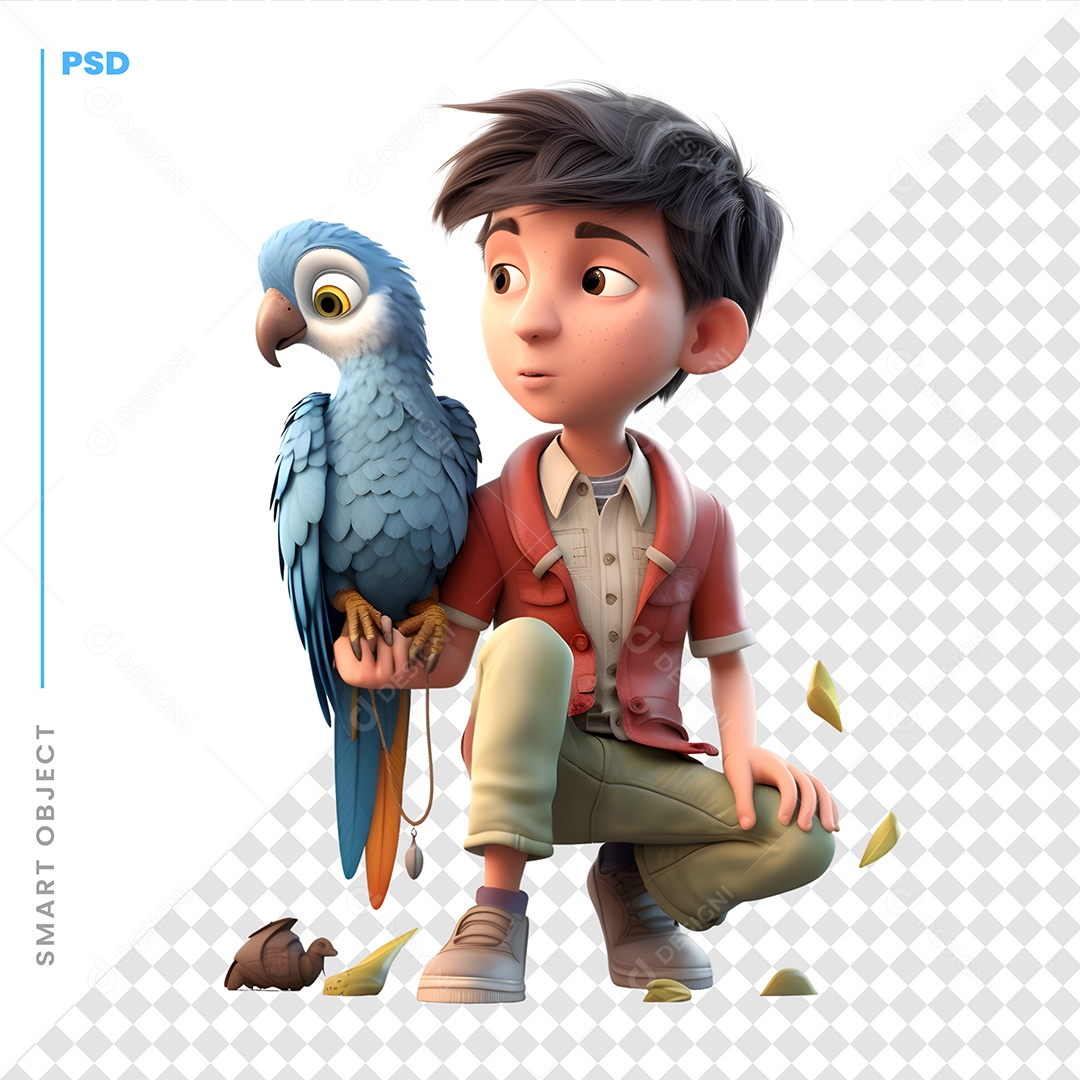 Garoto Com Um Pássaro Personagem 3D Para Composição PSD