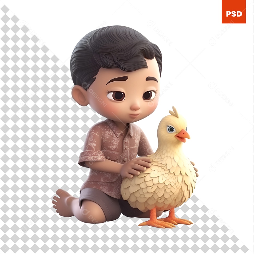 Garoto Com Um Frango Personagem 3D Para Composição PSD