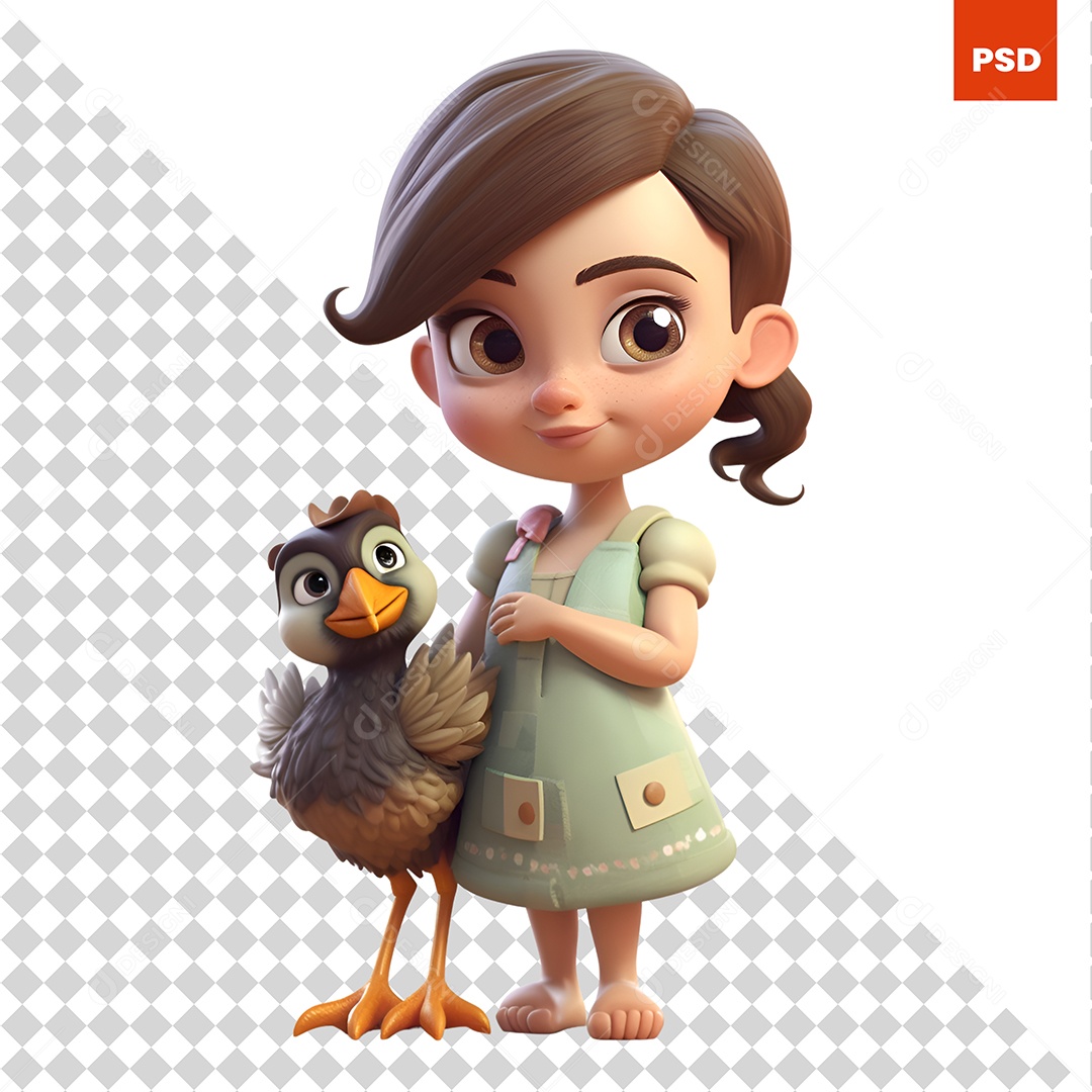 Garota Com Um Frango Personagem 3D Para Composição PSD