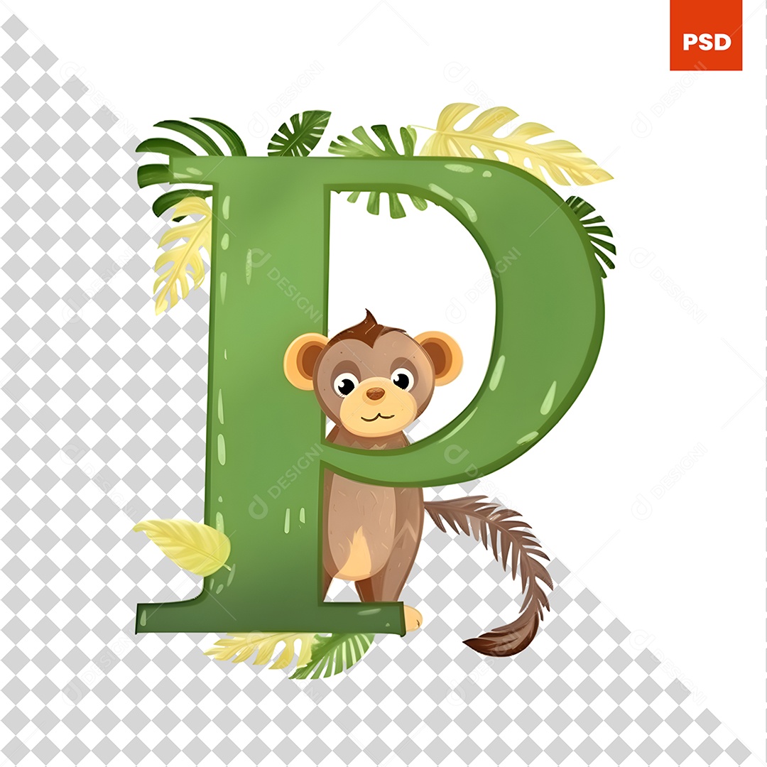 Macaco Com Letra P Personagem Para Composição PSD
