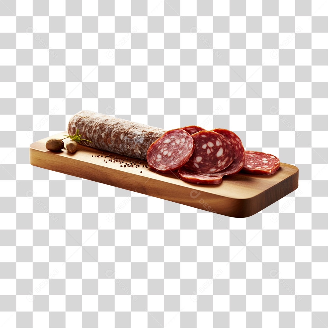 Calabresa fatiada sobre tábua de madeira PNG Transparente