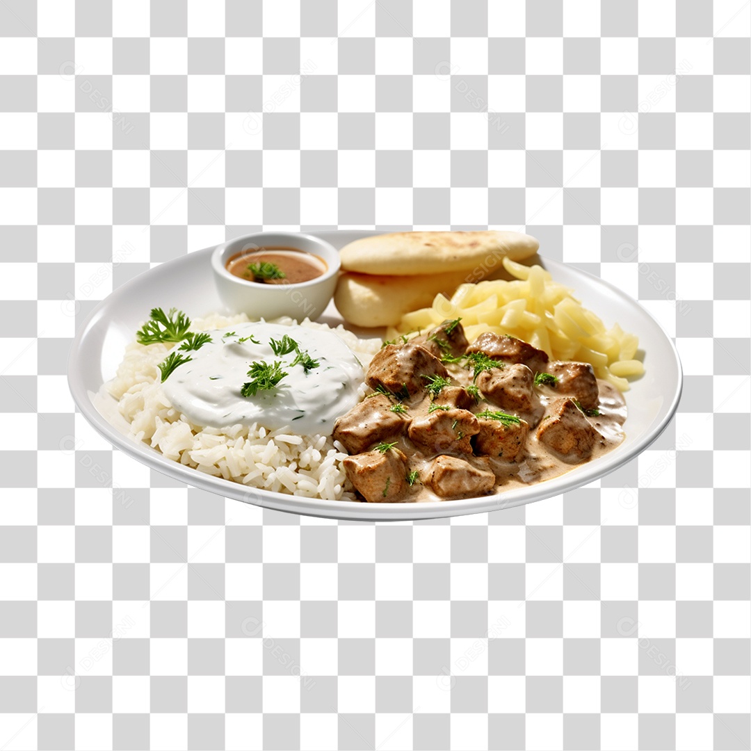 Prato de comida alimento arroz estrogonofe de carne