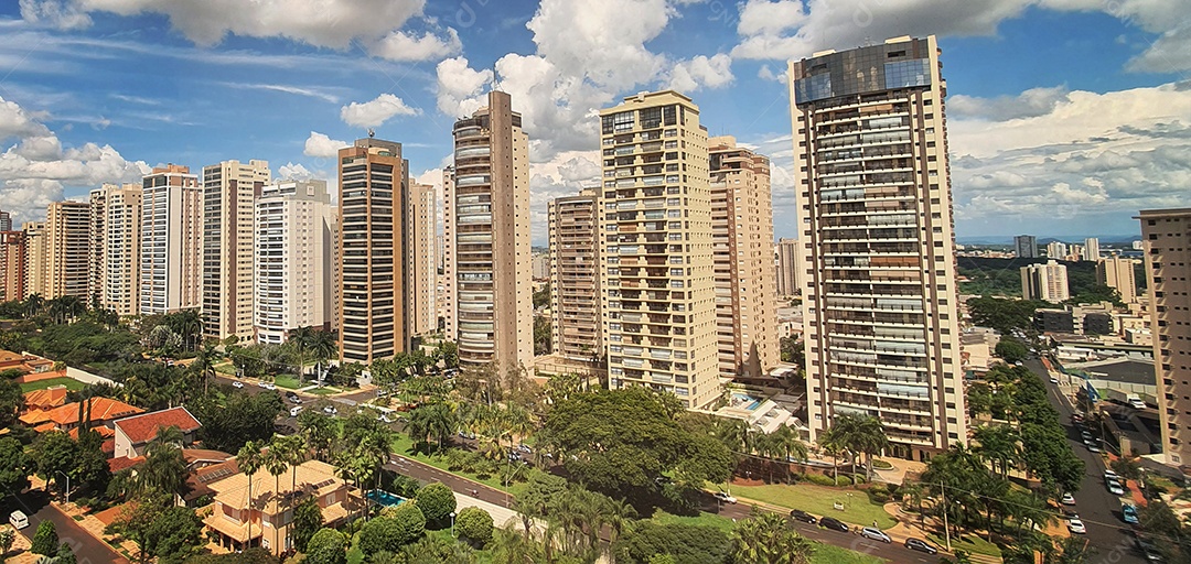 Famosa avenida principal da cidade de Ribeirão Preto, no estado de São Paulo, com Skyline em dia nublado