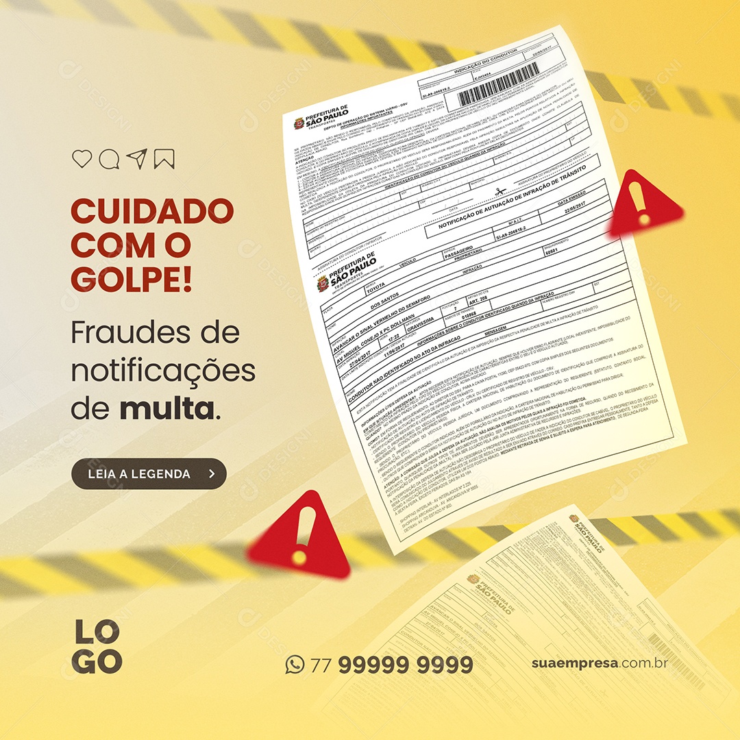 Cuidado Com o Golpe Fraudes de Notificações de Multa Social Media PSD Editável