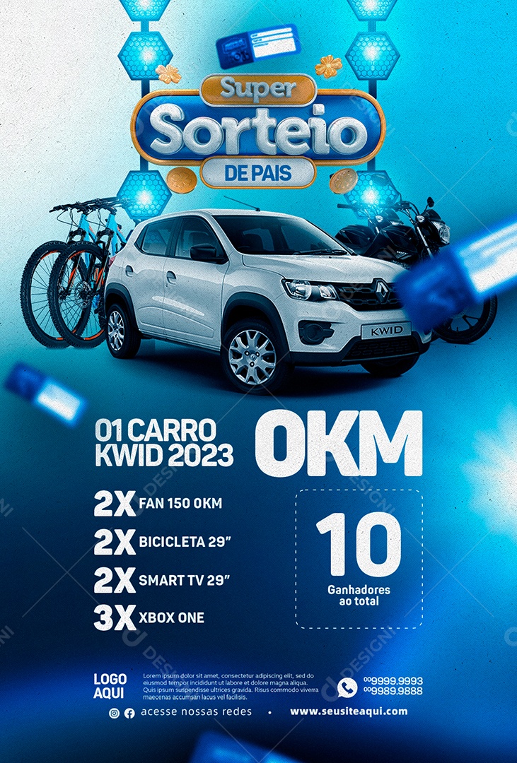 Super Sorteio De Pais 1 Carro Kwid 2023 0KM 2x Fan 150 0KM 2x Smart Tv Loja Social Media PSD Editável