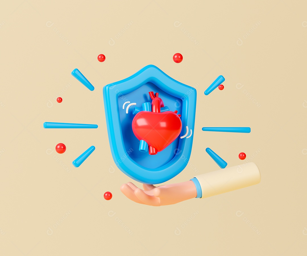 Ilustração 3d do conceito médico e helathcare. Coração com escudo na mão do médico.