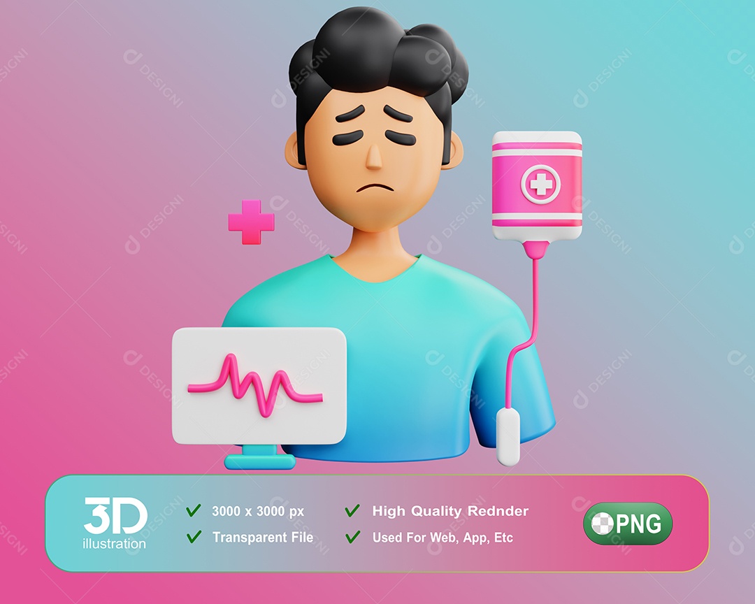 Personagem 3D Paciente Homem Batimento Cardíaco Para Composição PSD