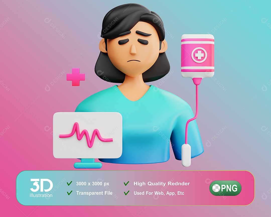 Personagem 3D Paciente Mulher Batimento Cardíaco Para Composição PSD