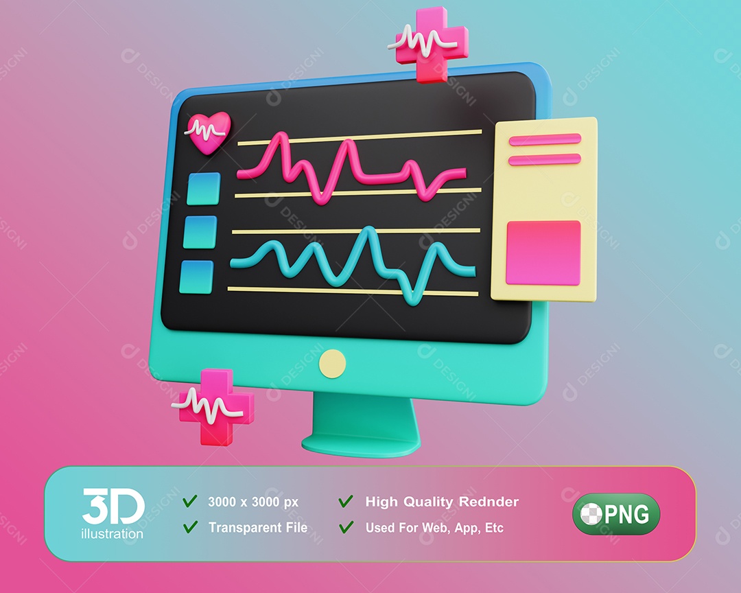Elemento 3D Monitor Com Batimento Cardíaco Para Composição PSD