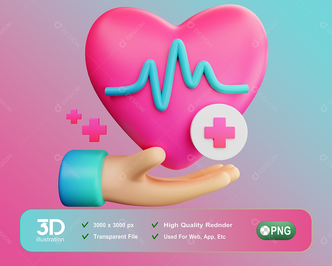 Elemento 3D Mão Com Coração Batimento Cardíaco Para Composição PSD