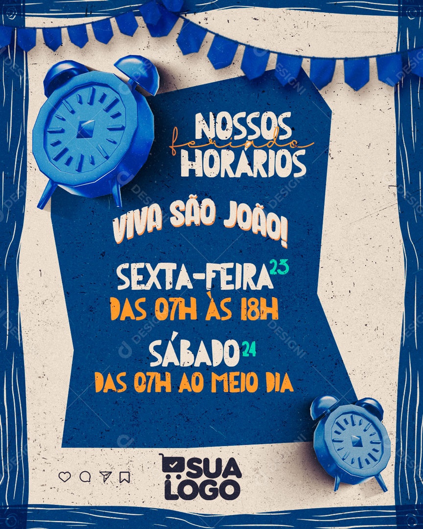 Social Media Comunicado Azul Nossos Horários Feriados PSD Editável