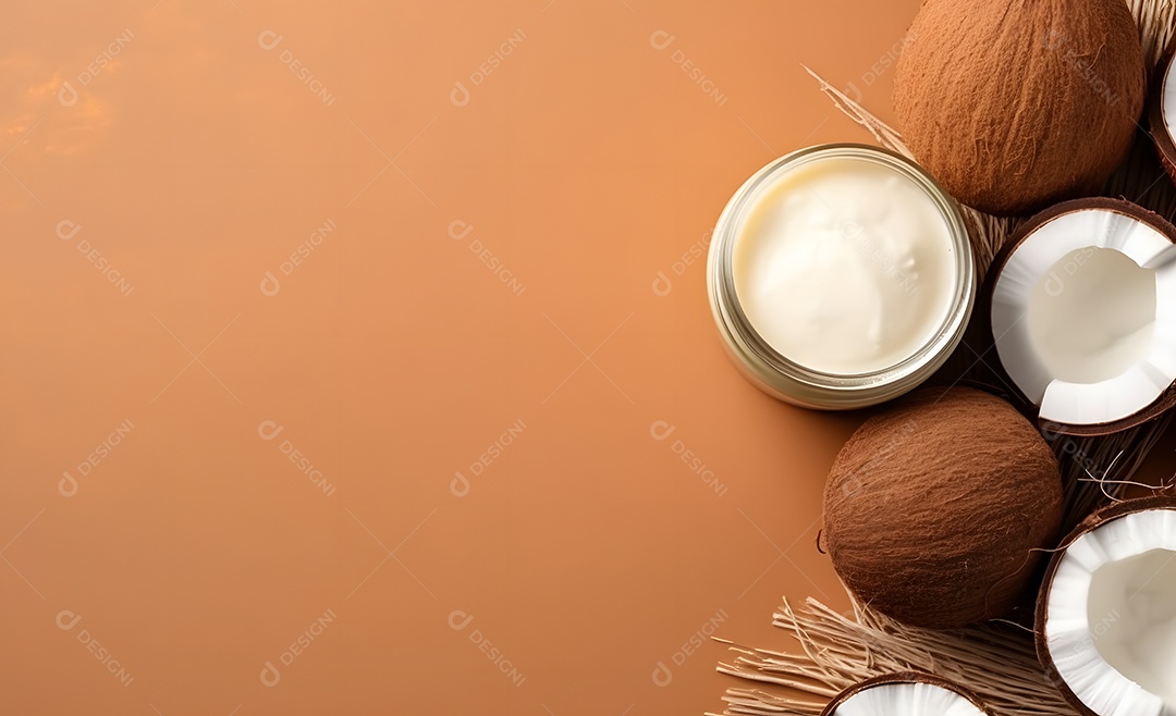Coco com frascos de óleo de coco e creme cosmético em fundo marrom