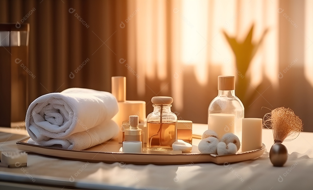 Acessórios de spa de vista superior com toalha e frascos