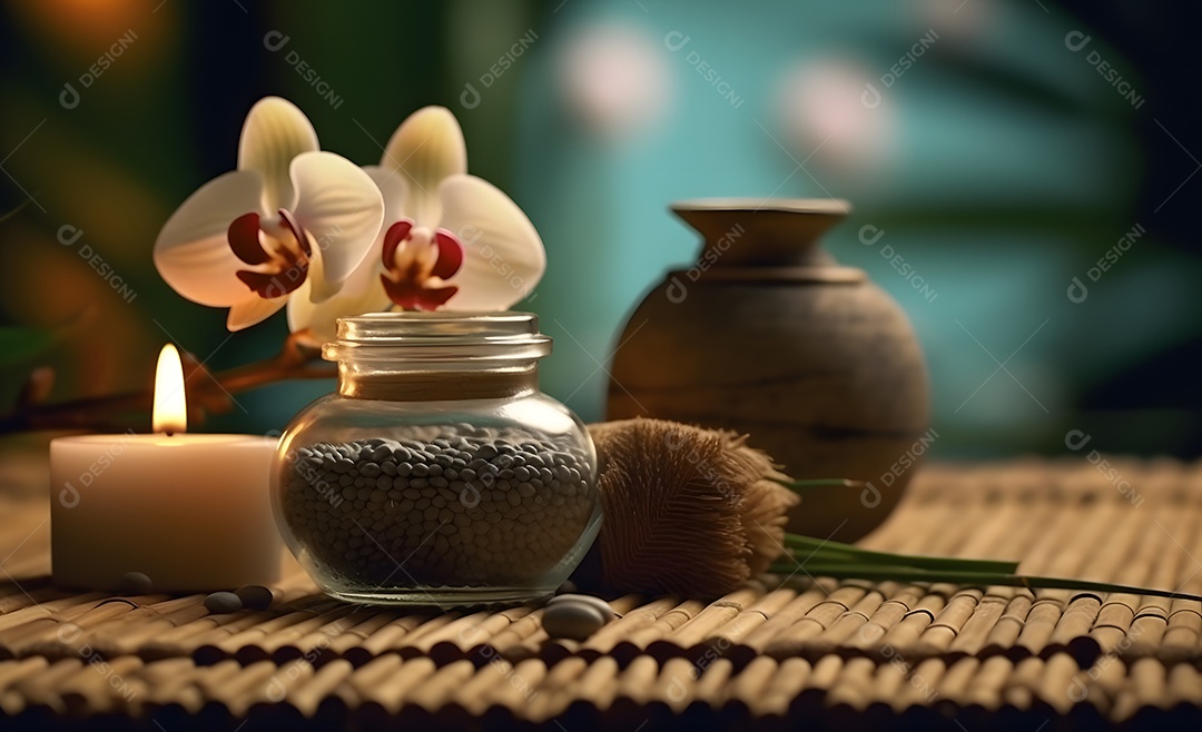 Vela aromática rodeada por vasos em spa