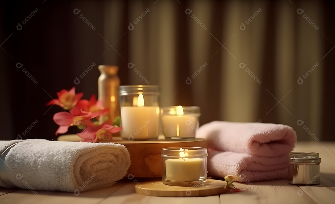 Velas aromáticas e toalhas em spa