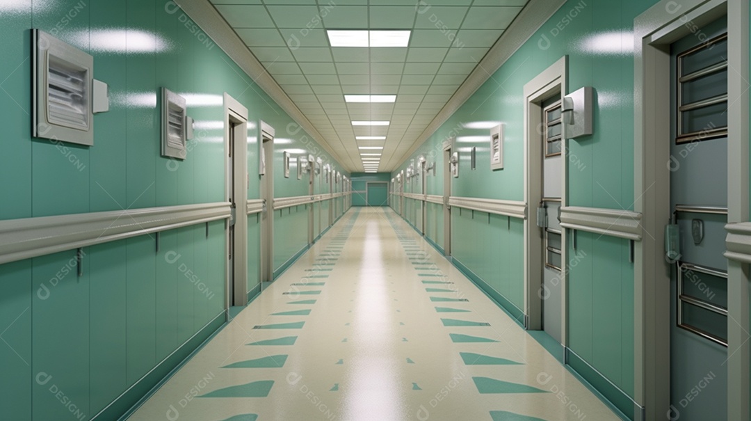 Grande corredor do hospital com salas