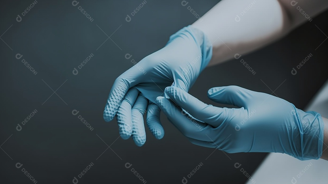 Médico colocando luvas azuis