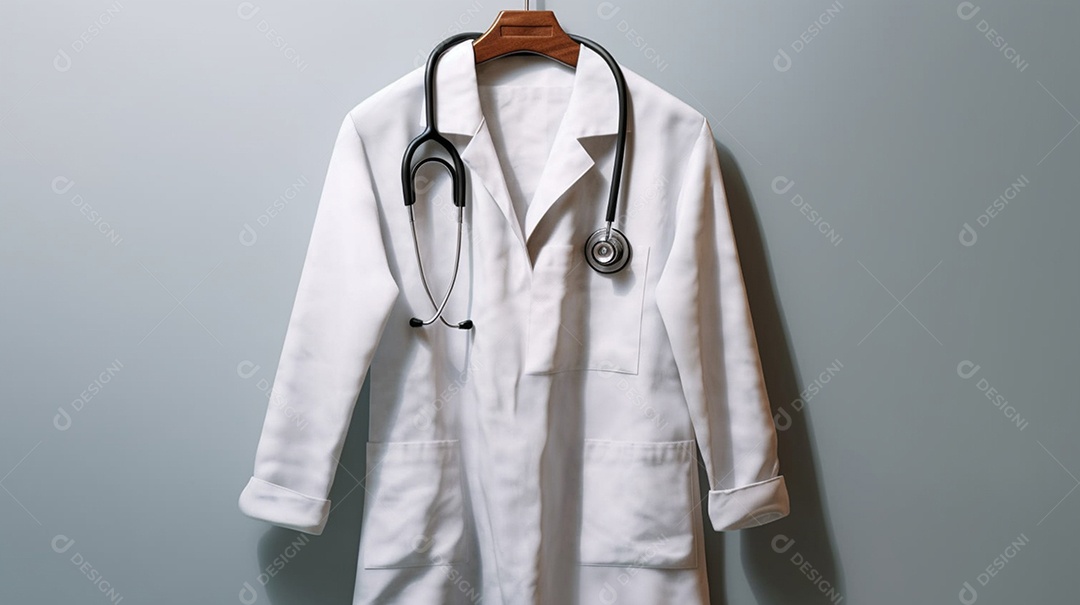 Jaleco branco no cabide e estetoscópio