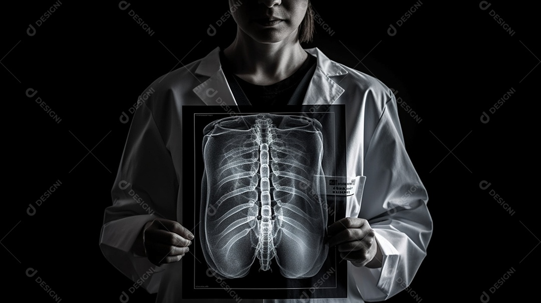 Médica de jaleco segurando raio X