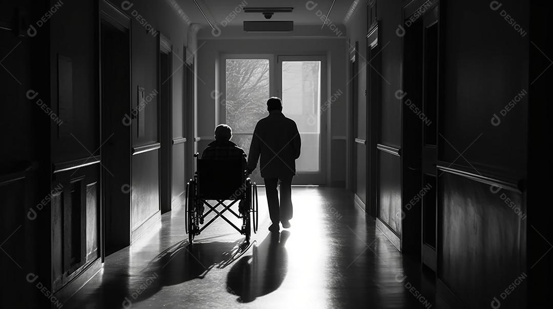 Médico de jaleco em hospital com paciente de cadeira de rodas