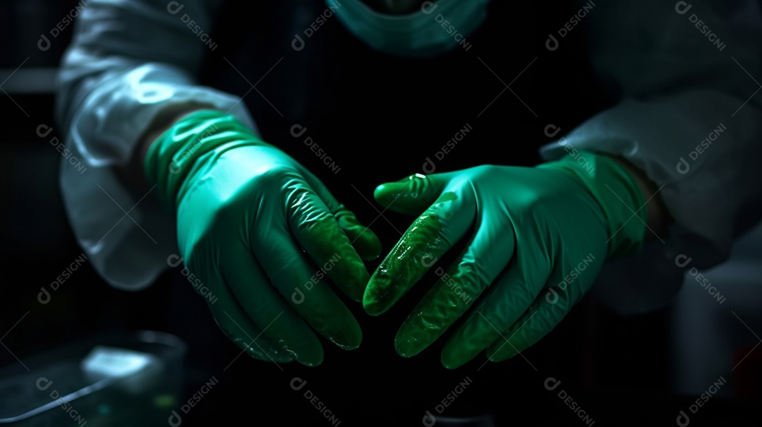 Médico com luvas verdes