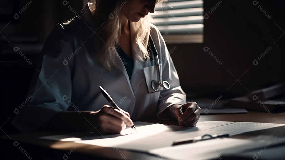 Médica de jaleco trabalhando em hospital