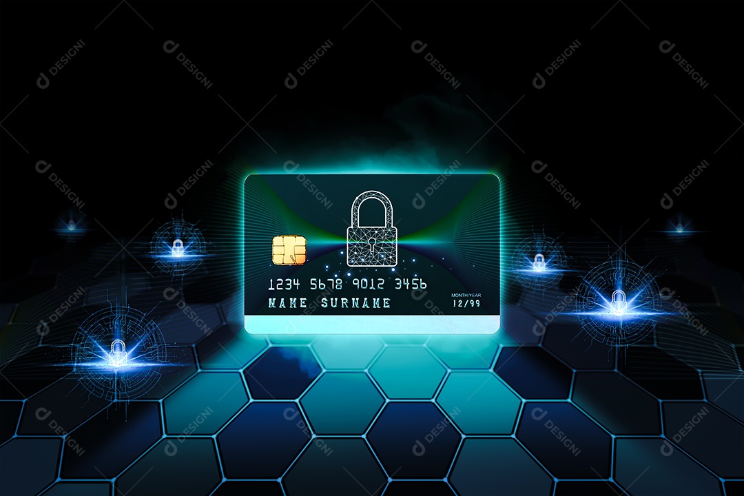 Conceito de segurança cibernética. Cartão de crédito com cadeado em fundo hexagonal