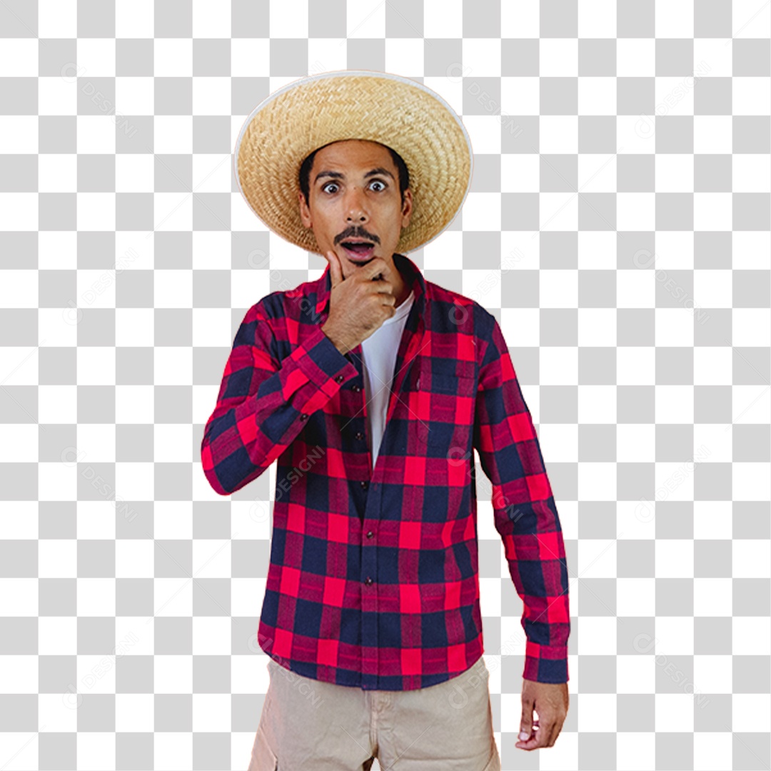 Rapaz de Camisa Quadriculada e Chapéu de Palha Surpreso Segurando o Queixo PNG Transparente