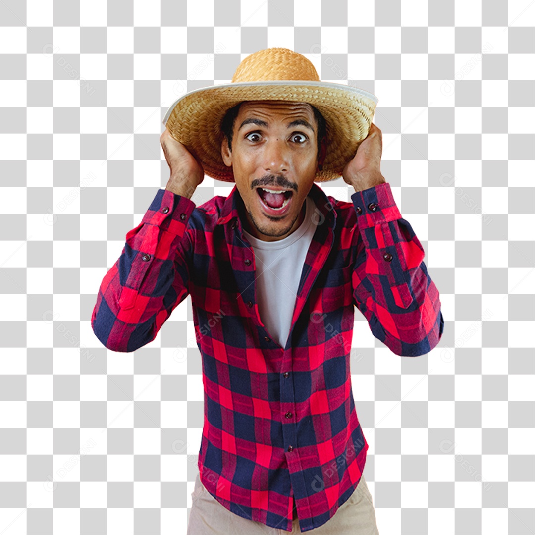 Rapaz de Camisa Quadriculada e Chapéu de Palha Surpreso Segurando o Chapéu PNG Transparente
