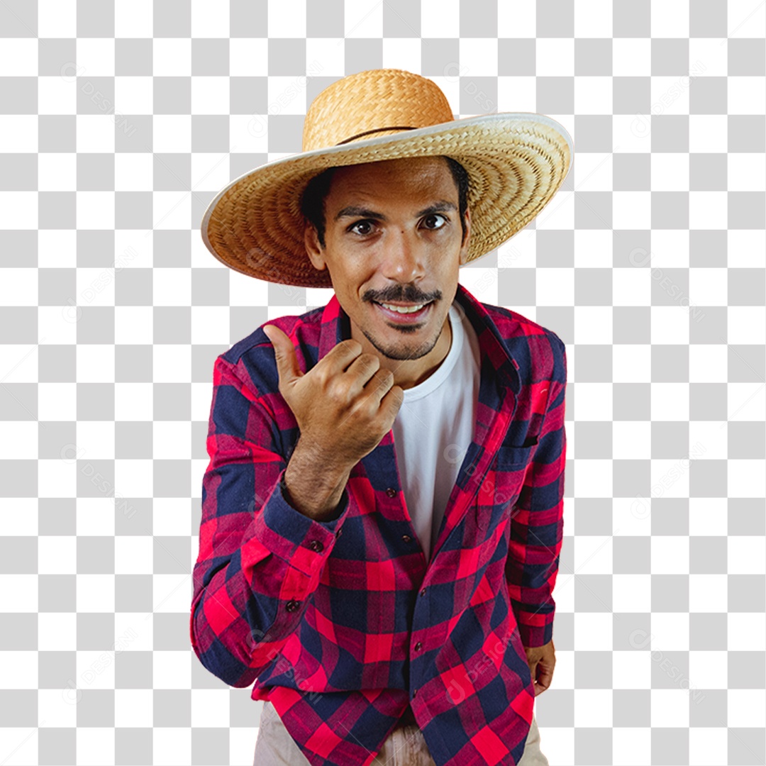 Rapaz de Camisa Quadriculada e Chapéu de Palha Sorrindo PNG Transparente