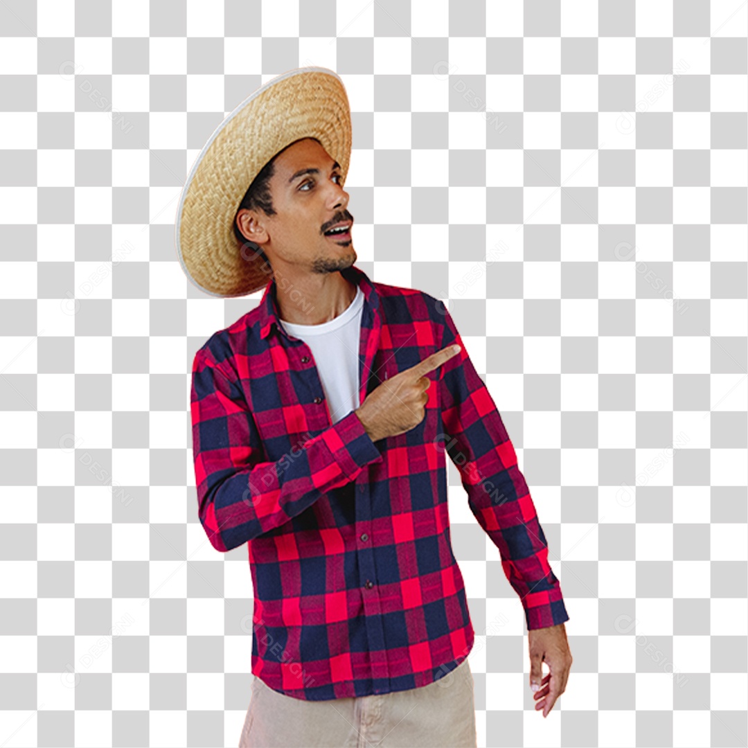Rapaz de Camisa Quadriculada e Chapéu de Palha Apontando Para o Lado PNG Transparente