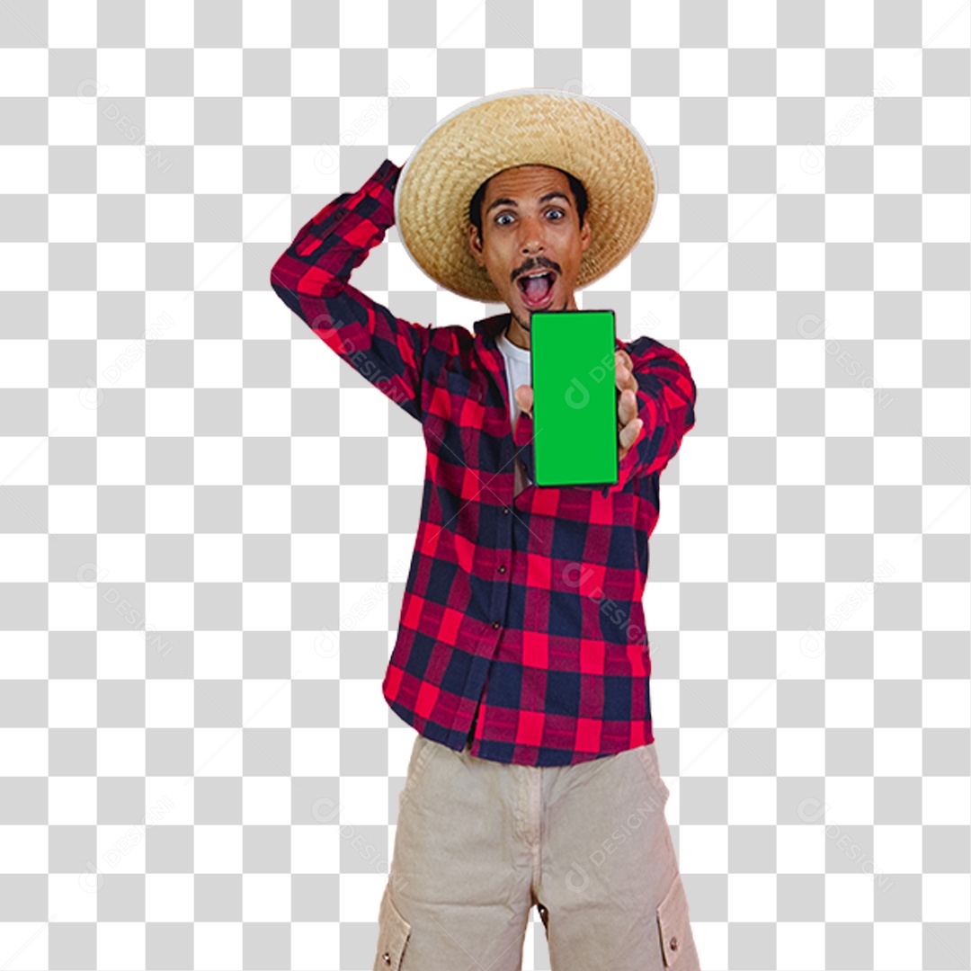 Rapaz de Camisa Quadriculada e Chapéu de Palha Surpreso Mostrando um Aparelho  PNG Transparente