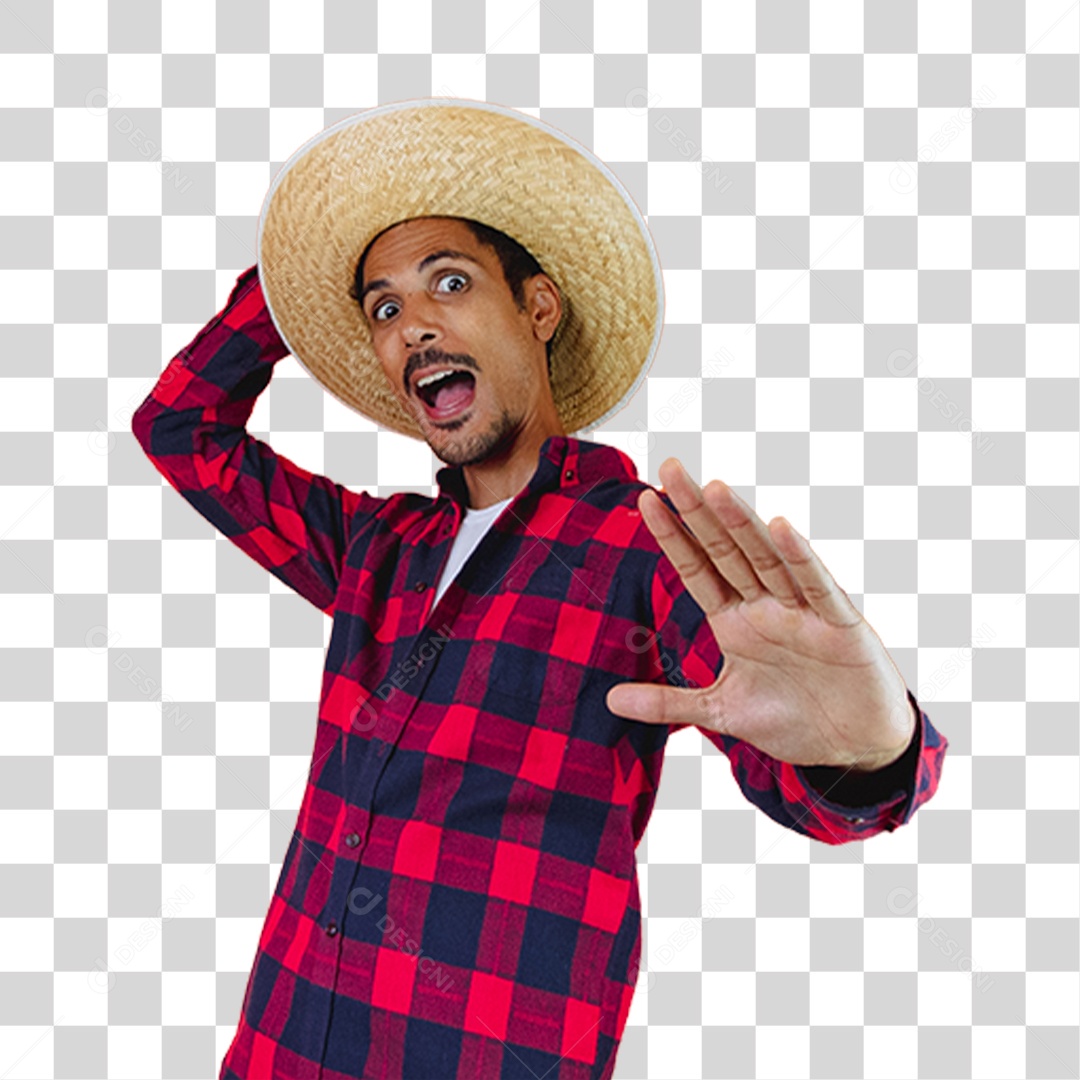 Rapaz de Camisa Quadriculada e Chapéu de Palha Assustado PNG Transparente