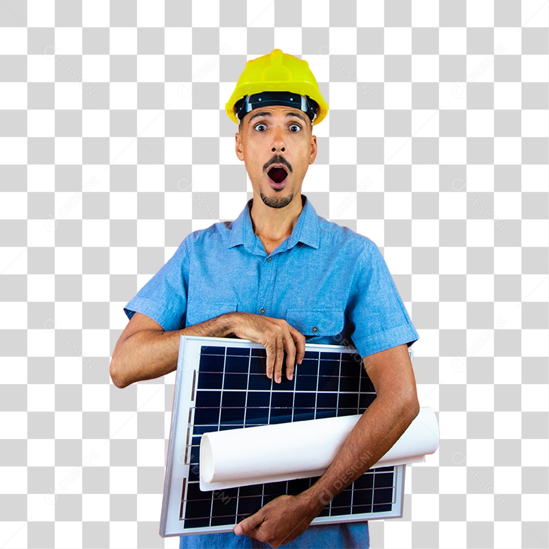 Homem de Camisa Azul Surpreso Segurando um Quadro PNG Transparente