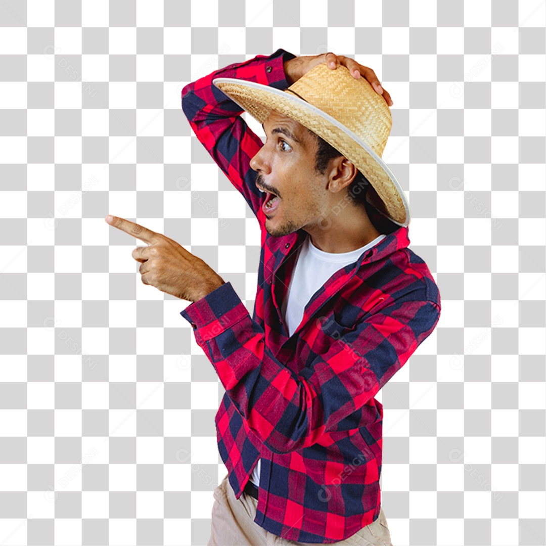 Rapaz de Camisa Quadriculada e Chapéu de Palha Apontando Para o Lado PNG Transparente